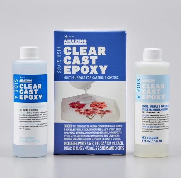 CLEAR EPOXY RESIN – INCLUDES PARTS A & B; 8 FL OZ / TOTAL 16 FL OZ + 2 STICKS + 3 CUPS