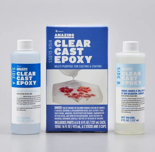 CLEAR EPOXY RESIN – INCLUDES PARTS A & B; 8 FL OZ / TOTAL 16 FL OZ + 2 STICKS + 3 CUPS